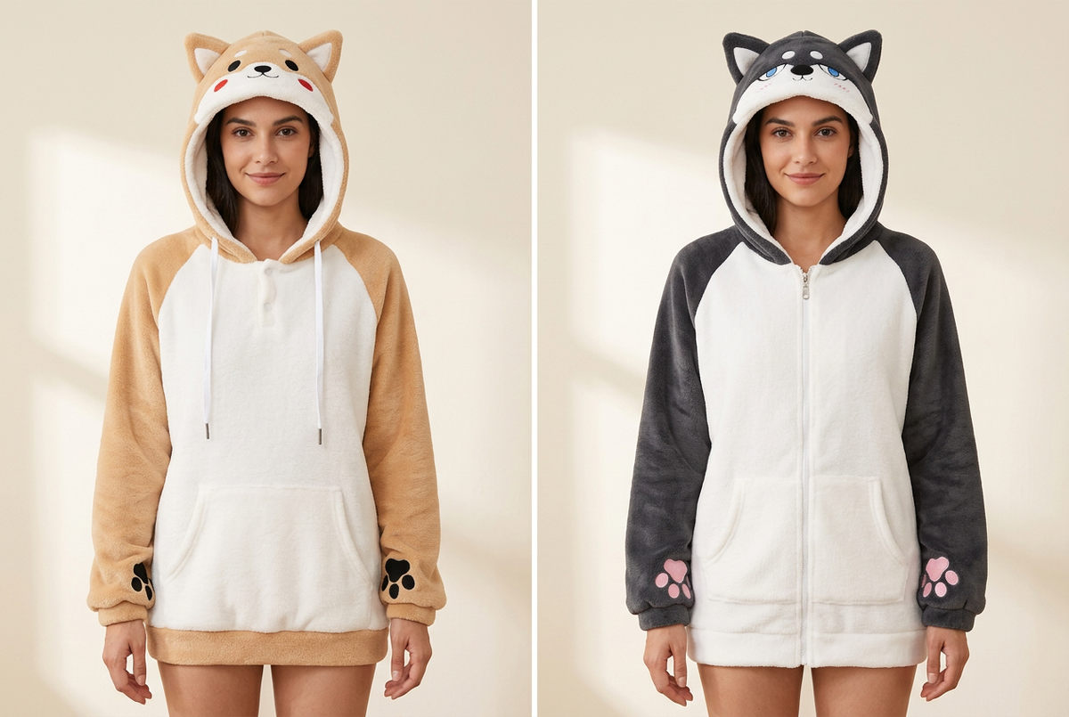 AI-generated model illustration showing tan pullover and charcoal zip-front hoodie styles
