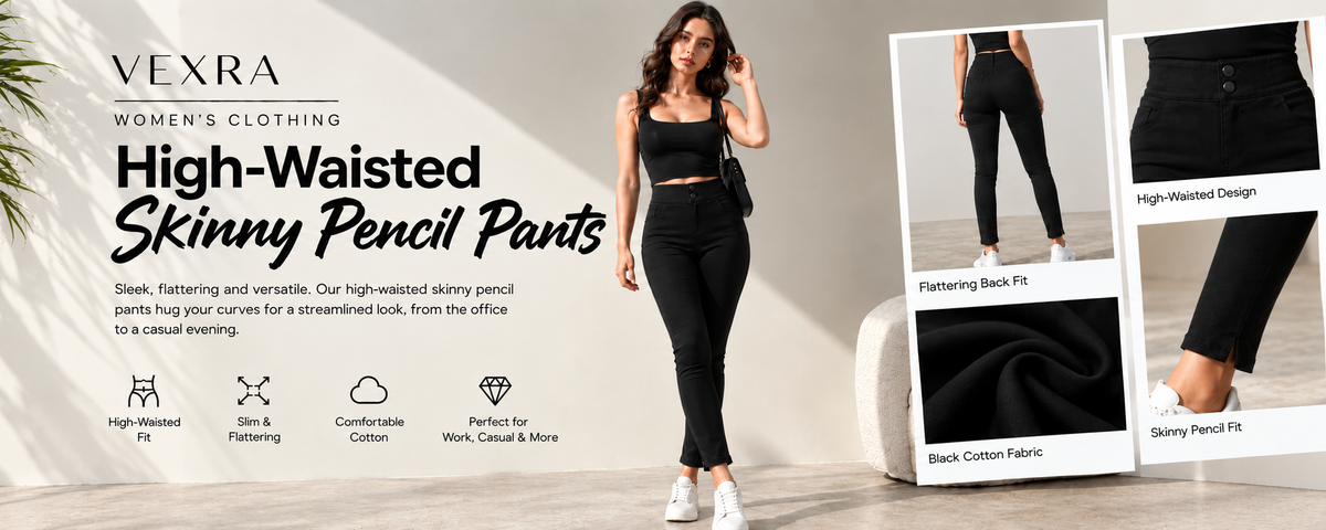 Vexra women's clothing: high-waisted black skinny pencil pants with a two-button waistband